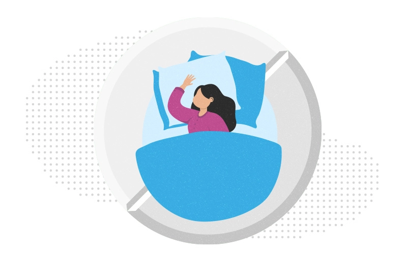 Graphic of woman tucked into bed laid atop a white pill