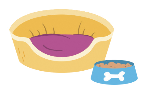 Illustration of a pet bed and a bowl of dog food