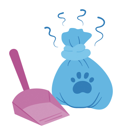 Illustration of dustpan and bag filled with animal feces