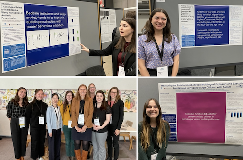 Top left image of a woman pointing to poster presentation, top right image of a woman with a poster presentation, bottom right image of a woman with a poster presentation, bottom left image of eight women standing together smiling.