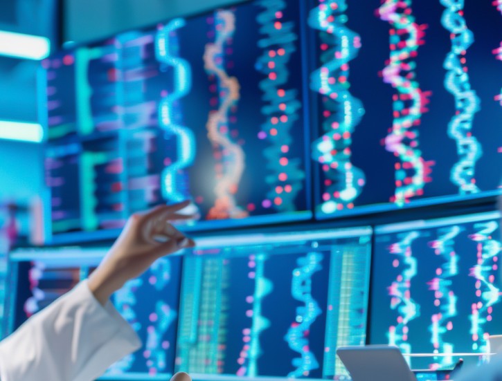 A hand points to one of six large screens with DNA helix data on them.