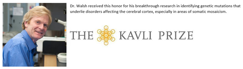 Dr. Walsh received the honor of winning the Kavli prize for his breakthrough research in identifying genetic mutations that underlie disorders affecting the cerebral cortex, especially in the areas of somatic mosiacism.