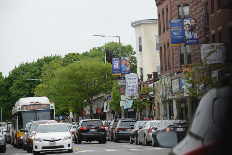 The 41 bus travels through the busy Jamaica Plain business district.