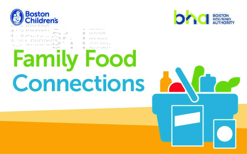 Boston Children's, Boston Housing Authority BHA, Family Food Connections, graphic with groceries in bags and a box