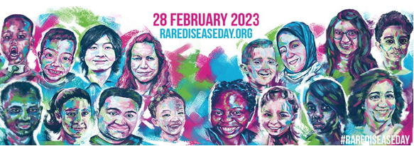 A mural of children with the date 28 February 2023 in pink at the top and rare disease day.org underneath.