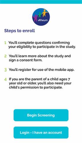 Screeenshot of vRheum App that lists the steps needed to enroll in the Study