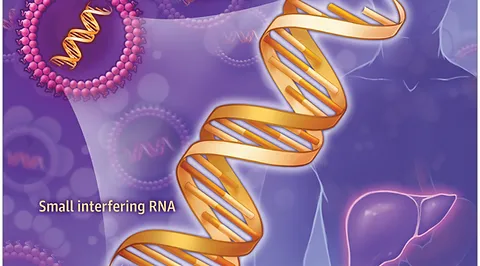 A gold RNAi strand on a purple background; small interfering RNA